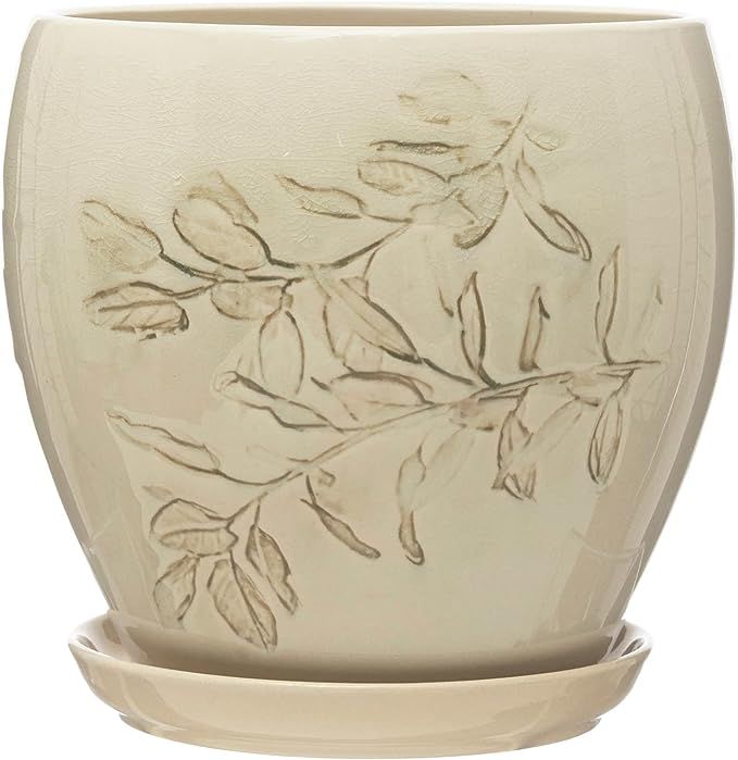 Bloomingville Creative Co-Op Debossed Stoneware Planter with Saucer, Set of 2, Cream and Green Re... | Amazon (US)