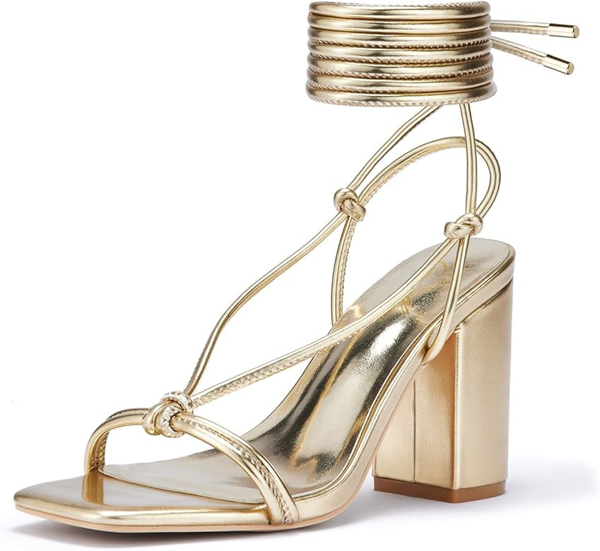 Square Toe Sandals Women Lace up Chunky High Heels Strappy Sandals Block Heeled Homecoming Weddin... | Amazon (US)