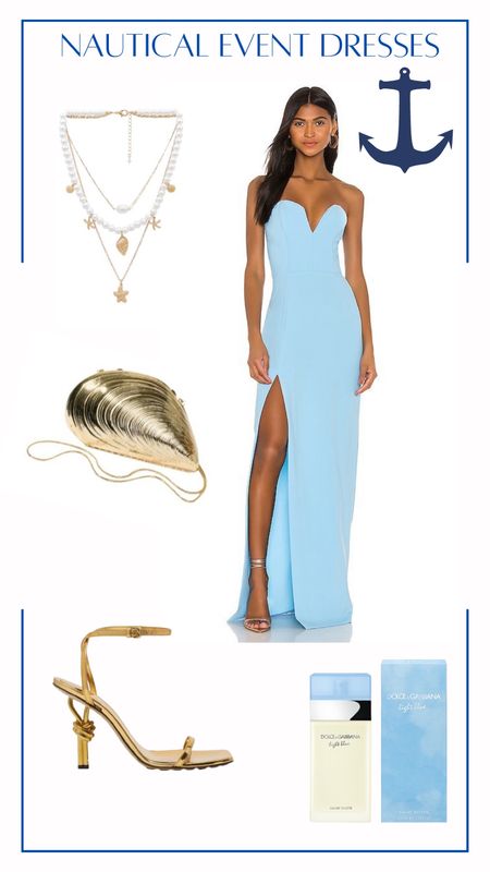 The perfect outfit for a wedding guest at a nautical themed wedding in Newport! I love this oyster clutch too- so unique! I also love the knot detail in these heels. Pair with Dolce and Gabanna light blue perfume for a fresh scent! 

#LTKwedding #LTKshoecrush #LTKitbag