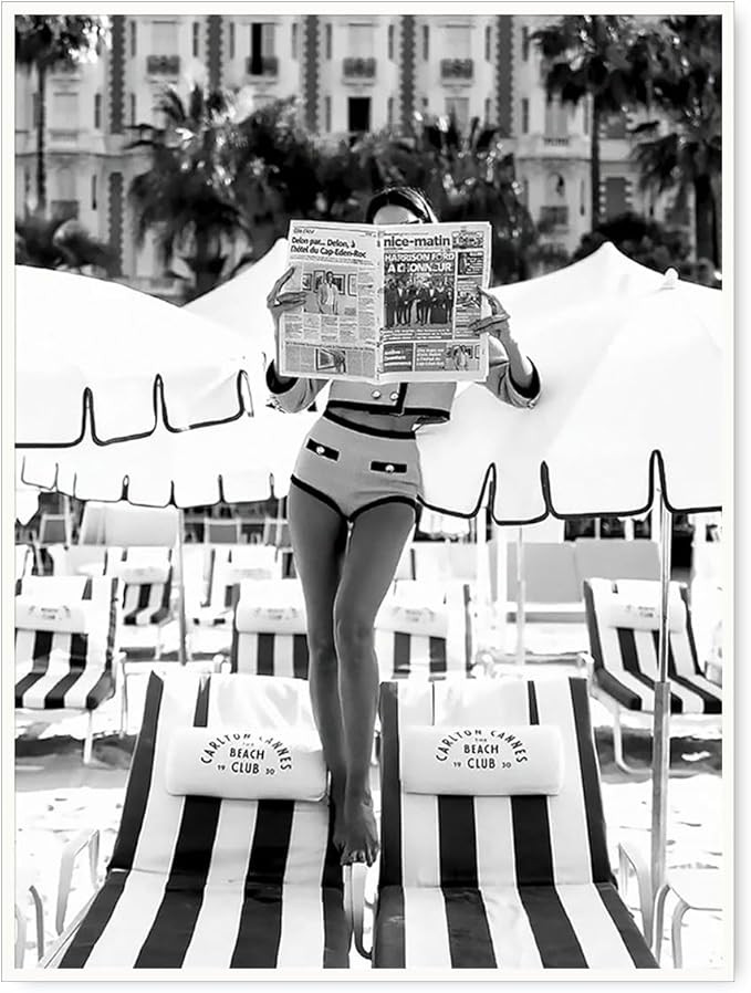 Vintage Woman Reading Newspaper Print - Black and White Beach Photography - Vintage Poster Luxury... | Amazon (US)