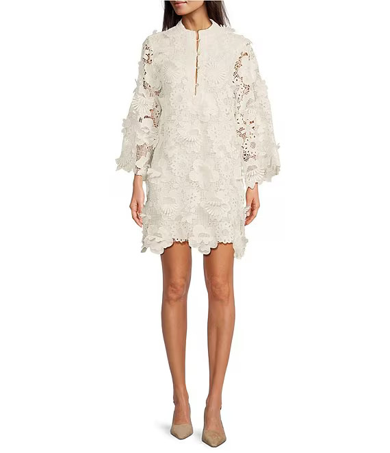 J.Marie Seraphina Floral 3D Lace Split Round Button Up Neck Long Sleeve Shift Dress | Dillard's | Dillard's