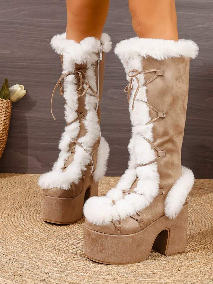 Women's Knee-high Y2k Punk Style Plush Boots In Brown | SHEIN