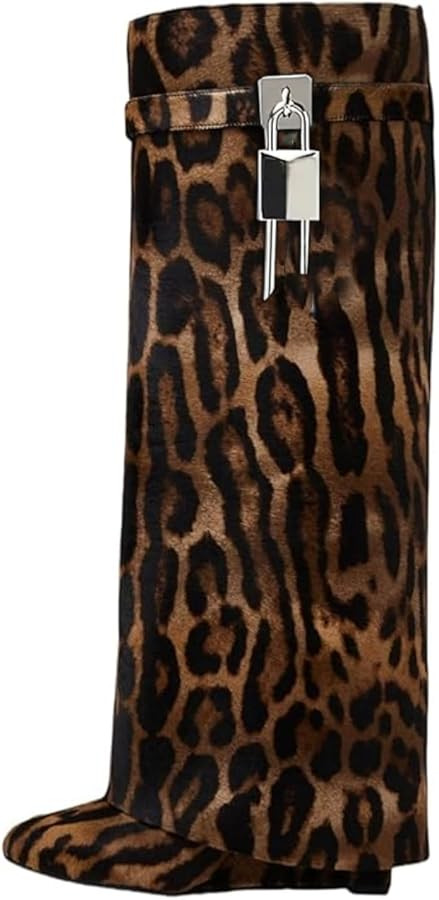 keleimusi Fold Over Wedge Boots Heeled PadLock Pant Knee High Shoes Tall/Short Booties in Black | Amazon (US)