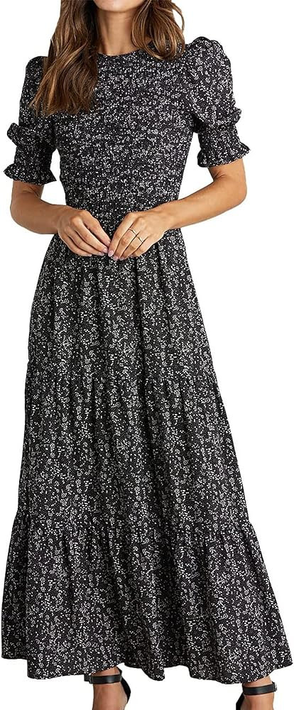 BTFBM Women Casual Summer Dresses 2025 Spring Crew Neck Ruffle Short Sleeve Floral Print Smocked ... | Amazon (US)
