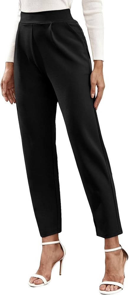 Floerns Women's Solid High Waist Tapered Ankle Stretch Work Pants | Amazon (US)