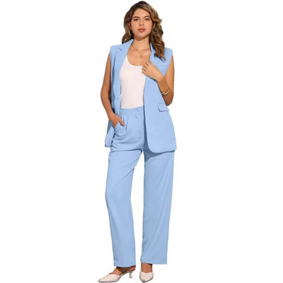 INSPIRE CHIC Women's Outfits Sleeveless Suit and Wide Leg Pants Business Blazer Sets 2 Pcs Blue Large | Target
