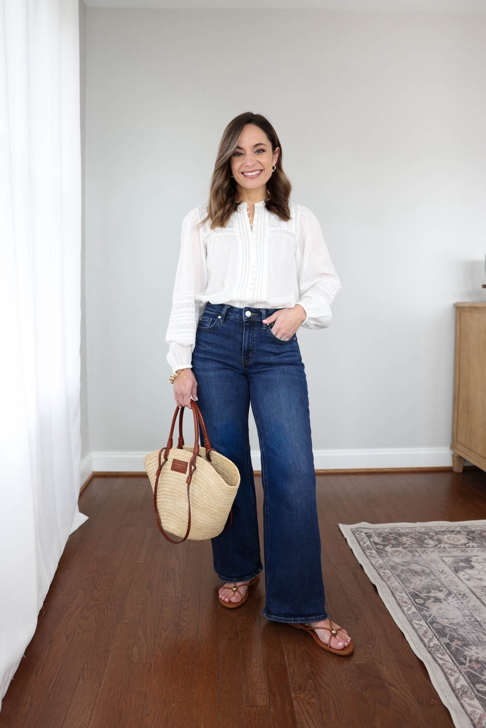 Transitional spring outfit ideas! 

Top (Gap): petite xs - sold out in white :( 
Jeans (Quince): 24 x 28” in midnight blue 
Sandals (DV): tts 
