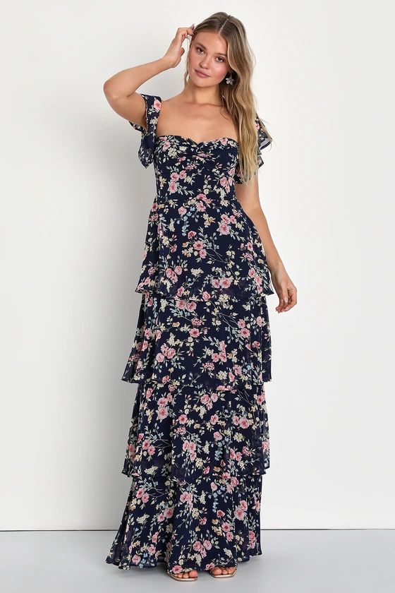 Charming Passion Navy Blue Floral Off-the-Shoulder Maxi Dress | Lulus