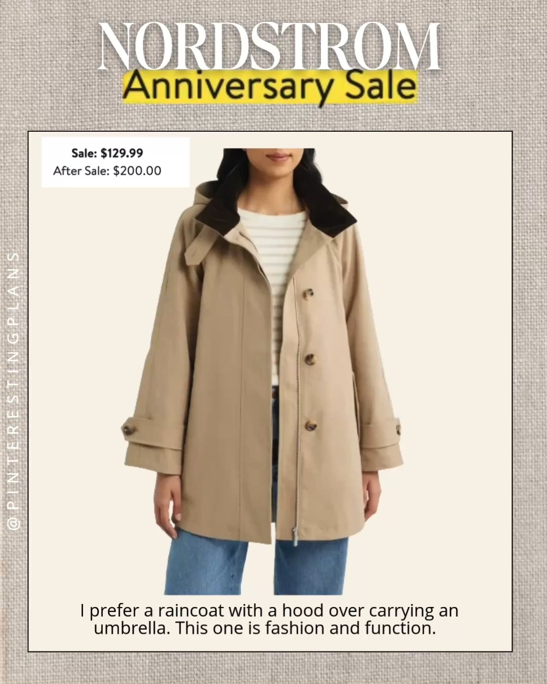 I prefer a raincoat with a hood over carrying an umbrella. This one is fashion and function.

Nordstrom Sale 

 #LTKootd #LTKSeasonal #LTKSaleAlert
