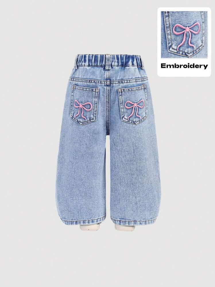 SHEIN Baby Girls Y2K Loose Flared Leg Jeans With Cute Embroidered Bow Decor, Pink,Kid Girls Spring And Summer Casual Vacation Hobo Wear | SHEIN