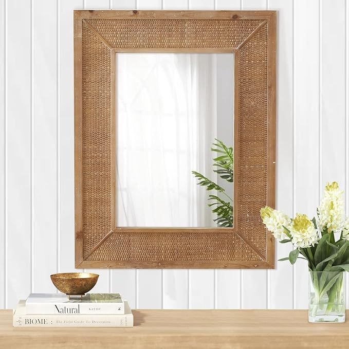 35 X 28 Inch Rectangle Rattan Wall Mirror with Wooden Framed, Vanity Bathroom Decor Mirror, Fit f... | Amazon (US)