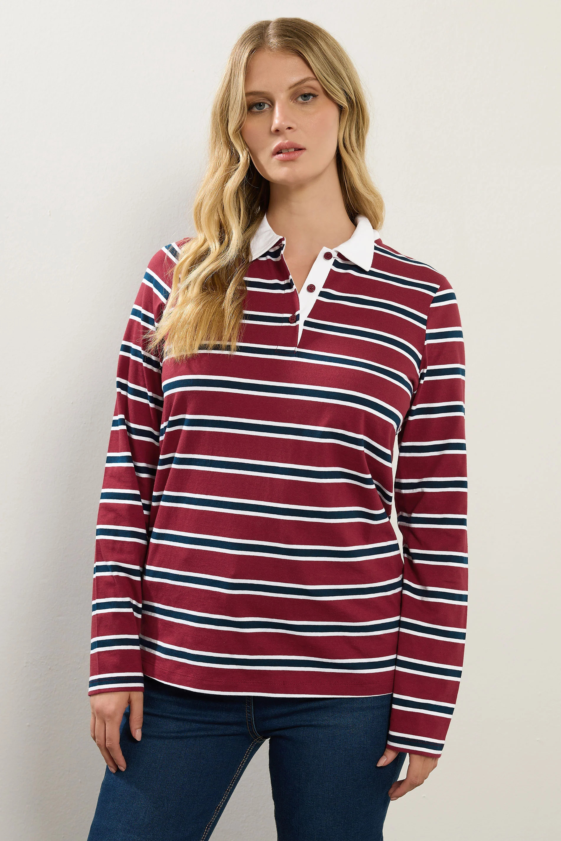 LTS Tall Red & Navy Blue Striped Jersey Polo Top | Long Tall Sally