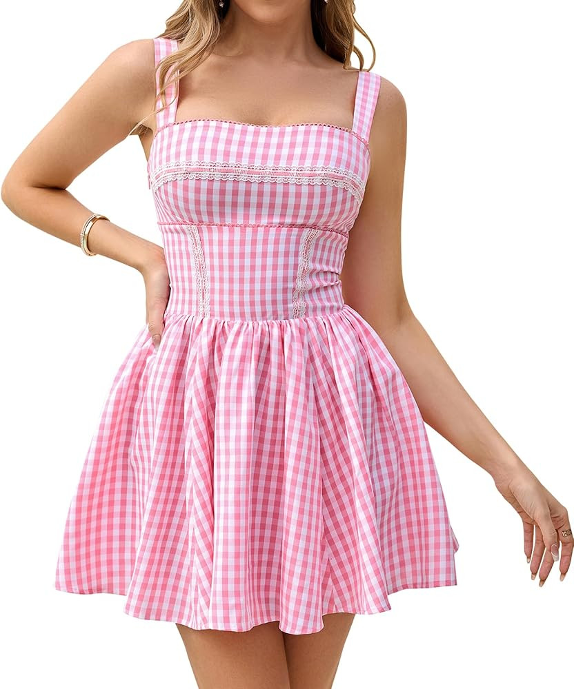 KUTUMAI Summer Gingham Mini Dress Corset Square Neck Lace Up Casual Sundress Flowy A Line Short D... | Amazon (US)