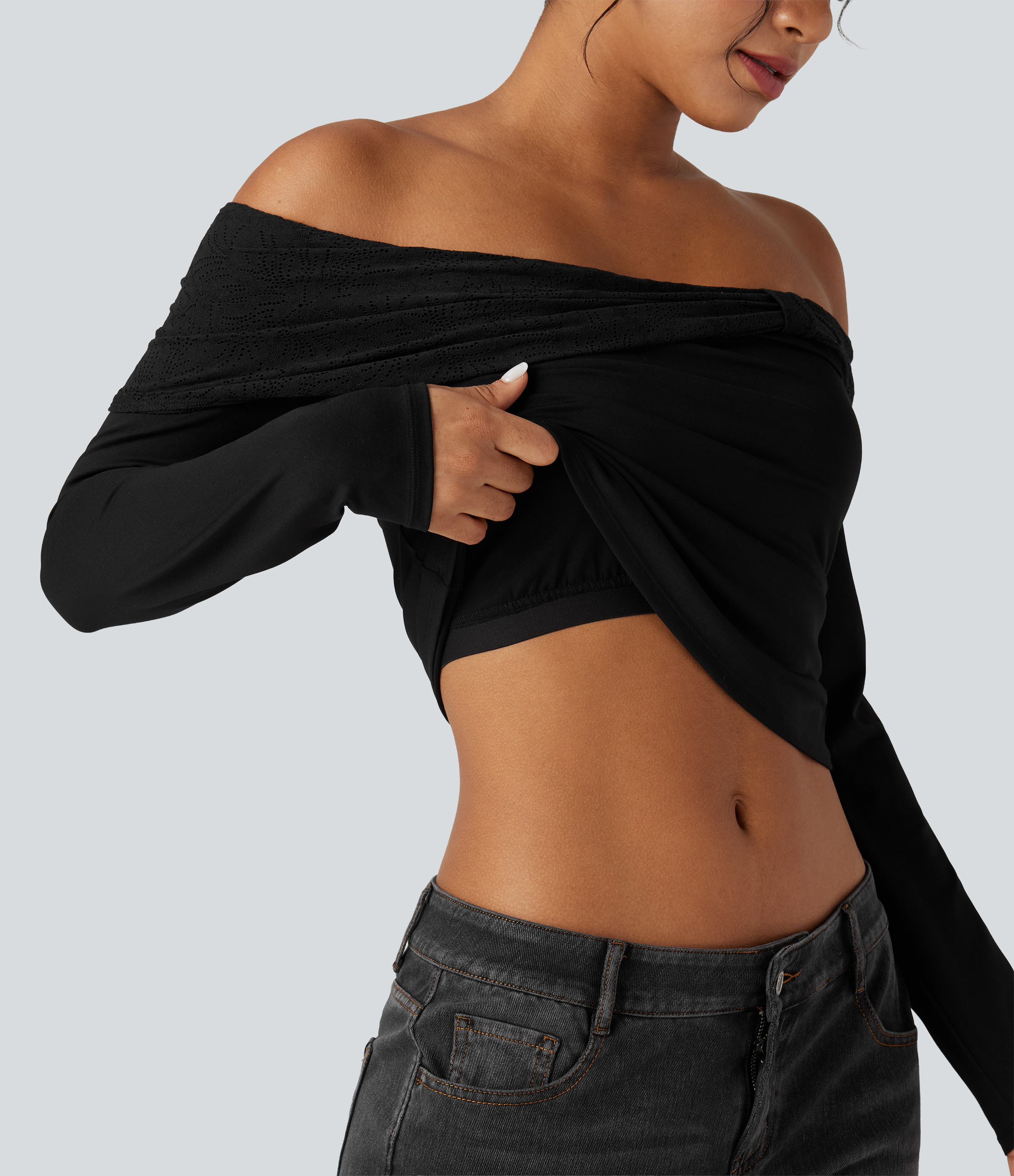 Halara Off-shoulder Lace Long Sleeve Built-in Bra Casual Top Tank Top - Black - M golf tops halter top tunic tops sleeveless tops | HALARA