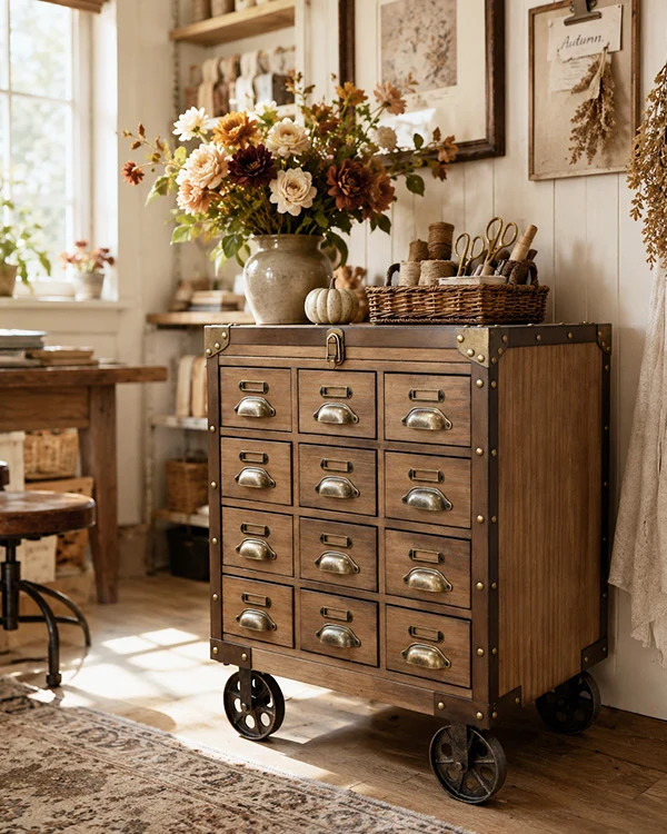 Apothecary Rolling Cabinet Multi Drawer Wood Storage Kitchen Island | Decor Steals
