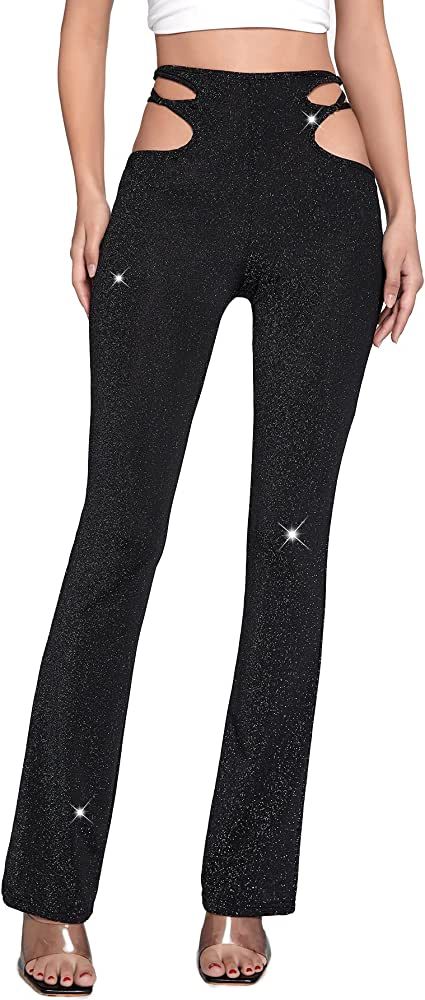 Verdusa Women's Mid Waist Cut Out Laddering Stretch Comfy Flare Leg Night Out Pants | Amazon (US)