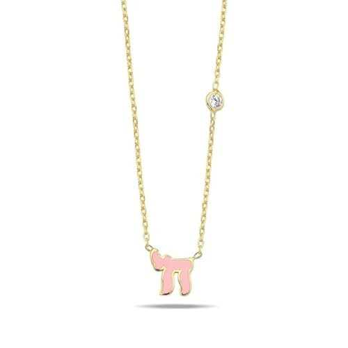 Alef Bet by Paula 14K Gold Plated Pink Chai Necklace - Clear Cubic Zirconia - Jewish Gift for Women | Amazon (US)