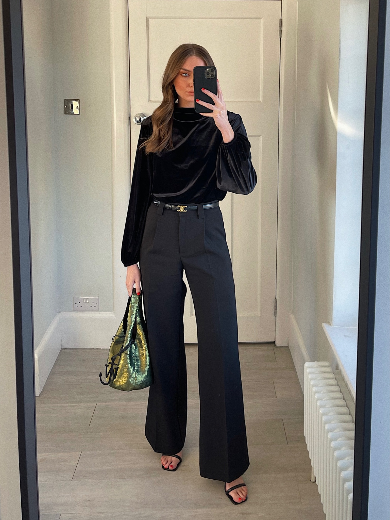 Party wear outfit inspiration 
Wearing a River Island black velvet blouse (old so have linked similar) 
My trusty Nasty Gal wide leg trousers, I wear the 8 and I’m 5ft 6
JW Anderson sequinned khaki green bag 
Celine small triomphe belt
