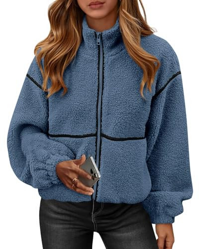 KIRUNDO Sherpa Jacket Women Fleece Oversized Zip Up Winter Coats Fall Jackets Faux Fur Warm Outwear 2026 Fashion Clothing(Dusty Blue, XX-Large) | Amazon (US)