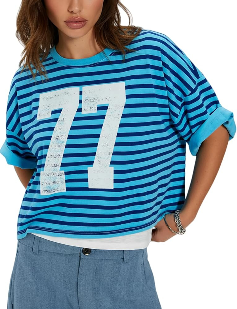 Womens Cropped Striped T-Shirt Vintage 77 Graphic Oversized Tee | Amazon (US)
