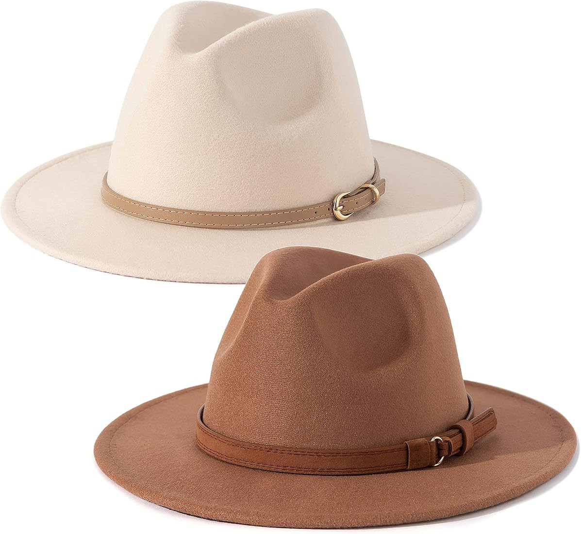 2 Pack Women & Men Classic Wide Brim Belt Buckle Fedora Hat | Amazon (US)