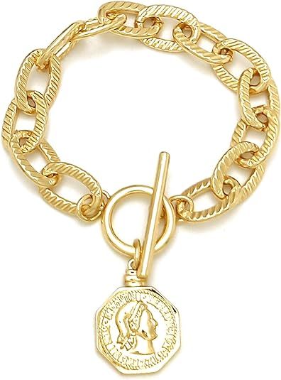 Gold Chunky Charm Bracelet Women: 14k Gold Plated Medallion Adjustable Toggle Clasp - Silver Coin... | Amazon (US)