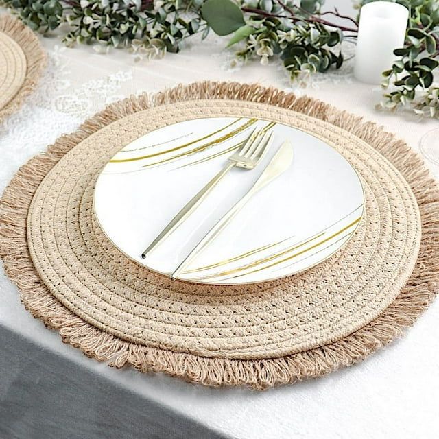 BalsaCircle 4 Natural 15 in Round Burlap Jute Placemats Fringed Trim Party Events Home Decoration... | Walmart (US)