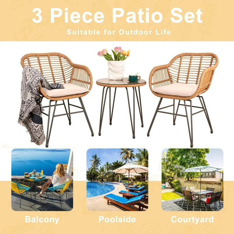 Tappio 3 Piece Outdoor Wicker Furniture Patio Bistro Set, PE Rattan Patio Chairs Set w/Table & Cu... | Walmart (US)