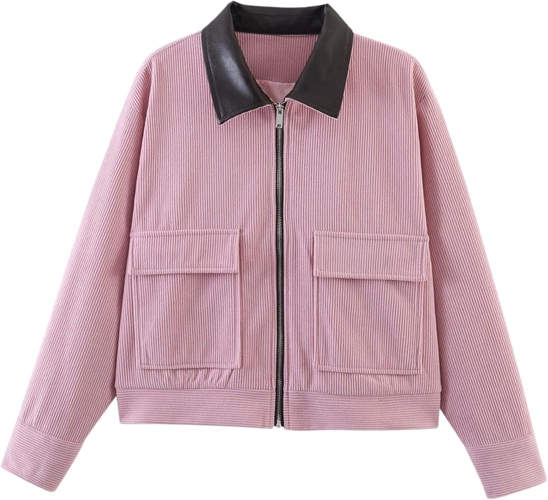 Chevara Women’s Corduroy Barn Jacket Zip Up Long Sleeve Cropped Utility Bomber Jacket with Faux... | Amazon (US)