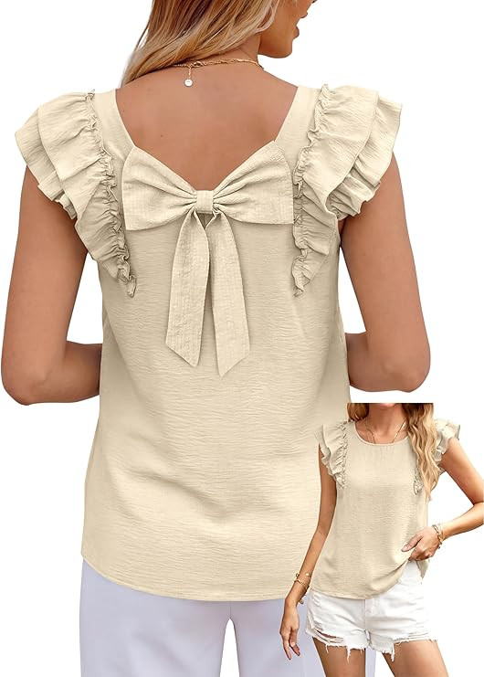 Okiwam Womens Ruffle Short Sleeve Summer Tops Bow Tie Back Blouse Round Neck Cute Babydoll Shirts... | Amazon (US)