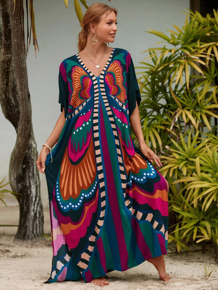Allover Print V Neck Maxi Cover Up Dress Kaftan Vacation Summer | SHEIN