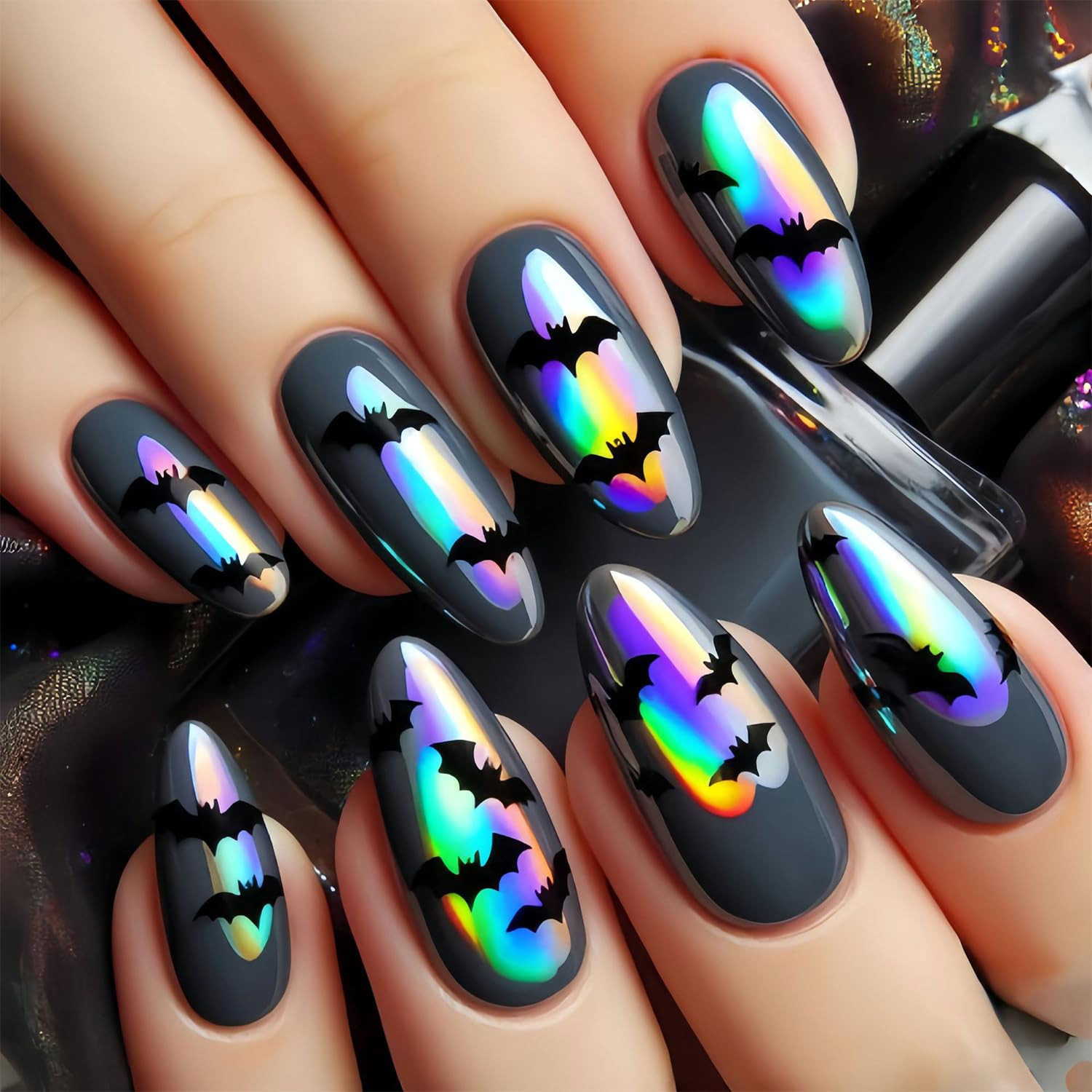 Halloween Press on Nails Bat Pattern Fake Nails Medium Almond Full Cover Glue on Nails Rainbow Ac... | Amazon (US)