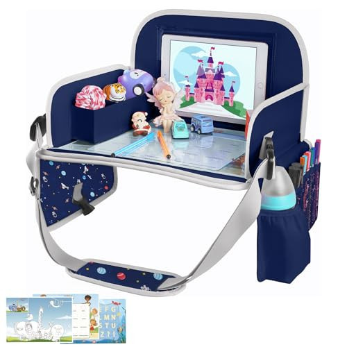 MENZOKE Car Seat Tray for Kids with Educational Drawing Board, Tablet Holder & Cooler Cup Holder, Essential for Car Travel & Airplane Trips, Space Pattern Design, Dark Blue | Amazon (US)