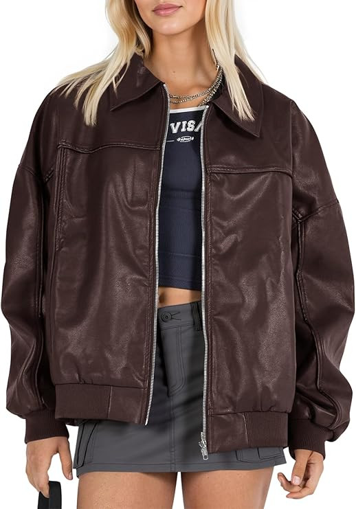 Tankaneo Chaquetas de piel sintética para mujer, de gran tamaño, estilo bomber casual, otoño, ... | Amazon (US)