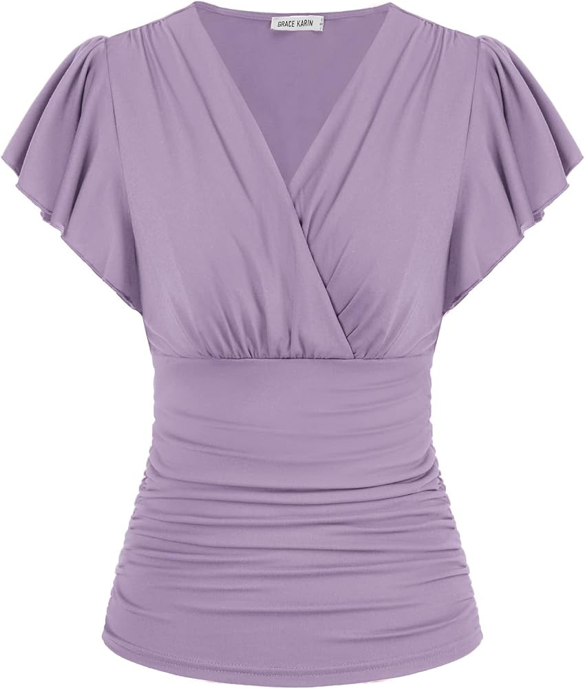 GRACE KARIN 2025 Womens Tops Summer Wrap Blouse V Neck Ruffle Sleeve Dressy Casual Top Ruched Tre... | Amazon (US)