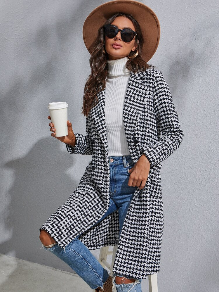 Houndstooth Dual Pocket Tweed Overcoat | SHEIN