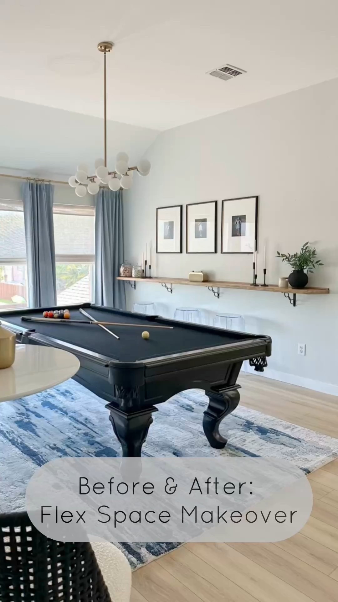 Before & After: Gameroom Makeover

game room style | billiard room ideas | bar shelf styling | family game night must-haves | cozy home updates | Amazon home finds | modern transitional decor

Shop the makeover:
	•	Floating wood bar shelf
	•	Black pub-style barstools and table
	•	Retro gold Bluetooth speaker
	•	Dart board set
	•	Jars for Jenga + dominos
	•	Framed family photos
	•	Mirror wall decor
	•	Battery-operated wall sconces
	•	Vintage-style billiard artwork in black frames
	•	Pool cue wall rack
	•	blue and gray rug under pool table
	•	Faux plant for corner styling

#LTKFindsUnder50 #LTKStyleTip #LTKHome