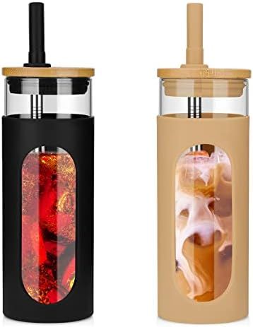 Tronco 22oz Glass Tumbler with Bamboo Lid and Straw, Glass Cup For Boba,Iced Coffee,Smoothie, Spi... | Amazon (US)