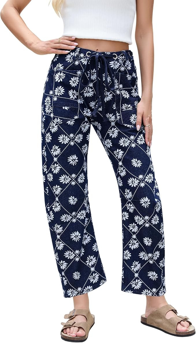 Kedera Women Printed Barrel Jeans High Waist Drawstring Denim Pants Wide Leg Printed Horseshoe Je... | Amazon (US)