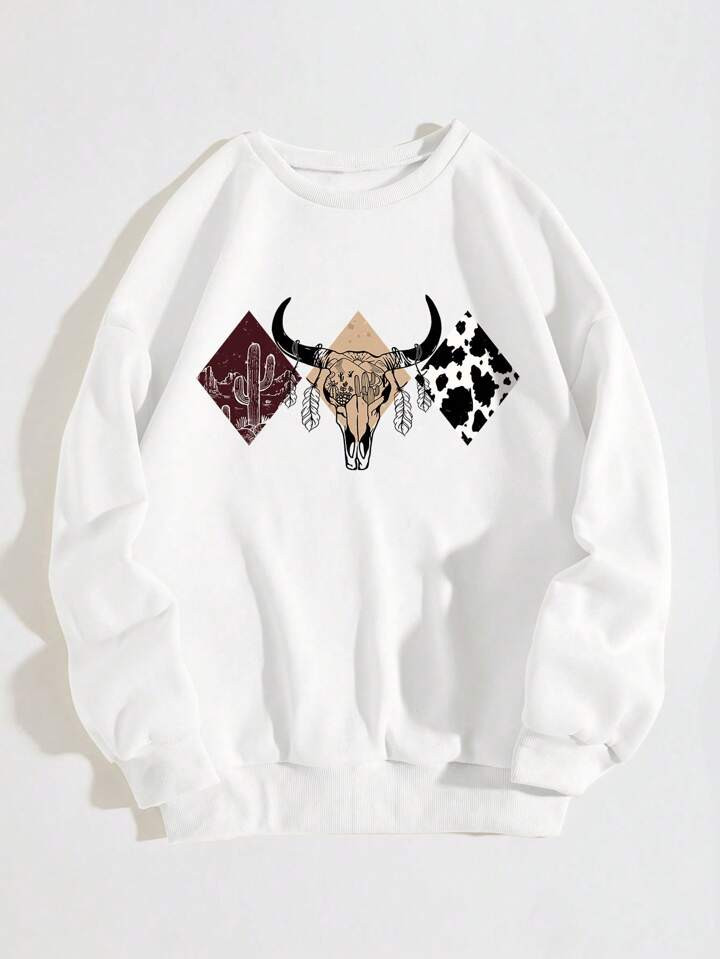 Plus Cow & Letter Graphic Thermal Pullover | SHEIN