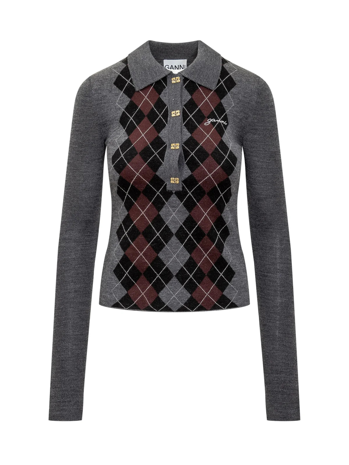 Ganni Argyle Intarsia Knitted Polo Top | Cettire Global