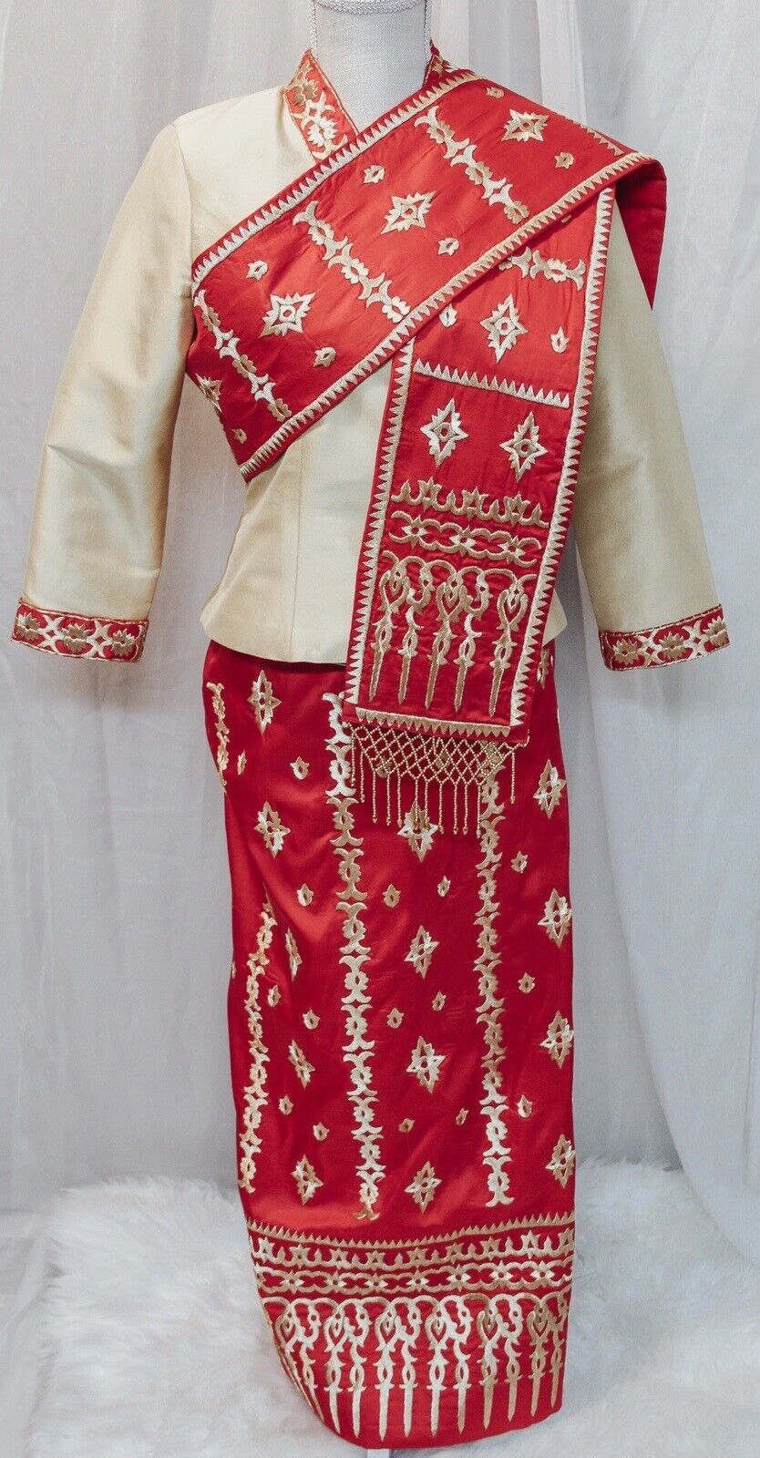 Wedding 100% Silk Red Yellow Lao Top Skirt Sash Sin Mai Ready To Wear Waist 30"  | eBay | eBay US