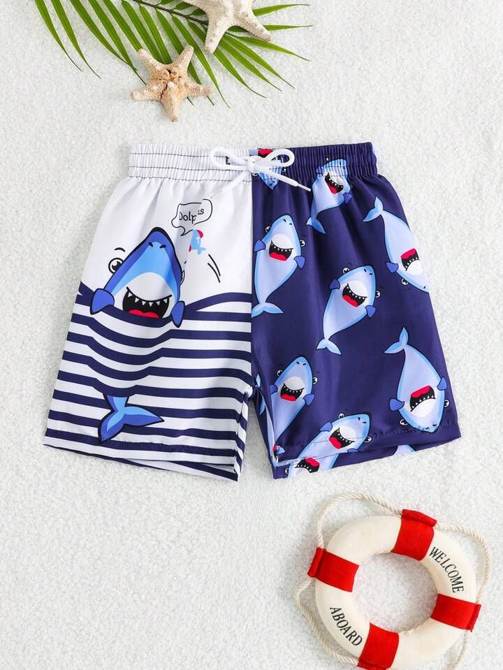 Young Boy Shark Printed Casual & Fashionable Beach Shorts, With Designated Printing | SHEIN
