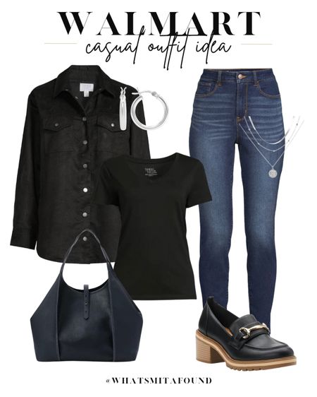 Walmart outfit idea, casual outfit idea, fall outfit idea, casual office outfit idea, casual work outfit idea, black shacket, faux suede shacket, oversized shacket, trendy shacket, black tee, v neck tee, skinny jeans, high waisted skinny jeans, heeled loafers, trendy loafers, work shoes, cute work shoes, black tote bag, trendy tote bag, work tote bag, layered necklaces, dainty necklaces, silver hoops 

#LTKshoecrush #LTKworkwear #LTKfindsunder50