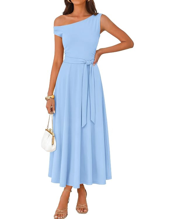 ZESICA Womens Summer Casual One Shoulder Maxi Dress 2026 Sleeveless Tie Waist Flowy Vacation Dres... | Amazon (US)
