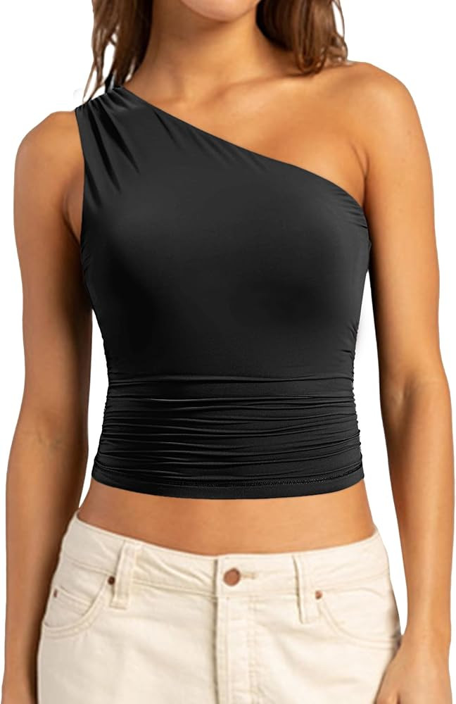 SUUKSESS Women Double Lined Going Out Trendy Crop Tops Ruched Sleeveless Shirts | Amazon (US)