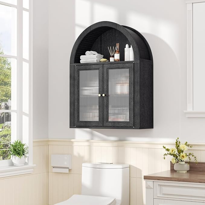 Medicine Cabinet with Arched Top, Bathroom Wall Cabinet Over Toilet with Wave Pattern Tempered Gl... | Amazon (US)