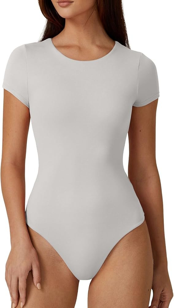 QINSEN Women's Crew Neck Short Sleeve Bodysuit Double Lined Body Suits Basic T-shirt Tops | Amazon (US)