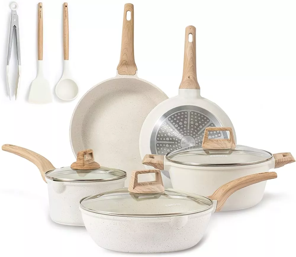 CAROTE 11pcs Cream White Pots and Pans Set, Nonstick Cookware Sets