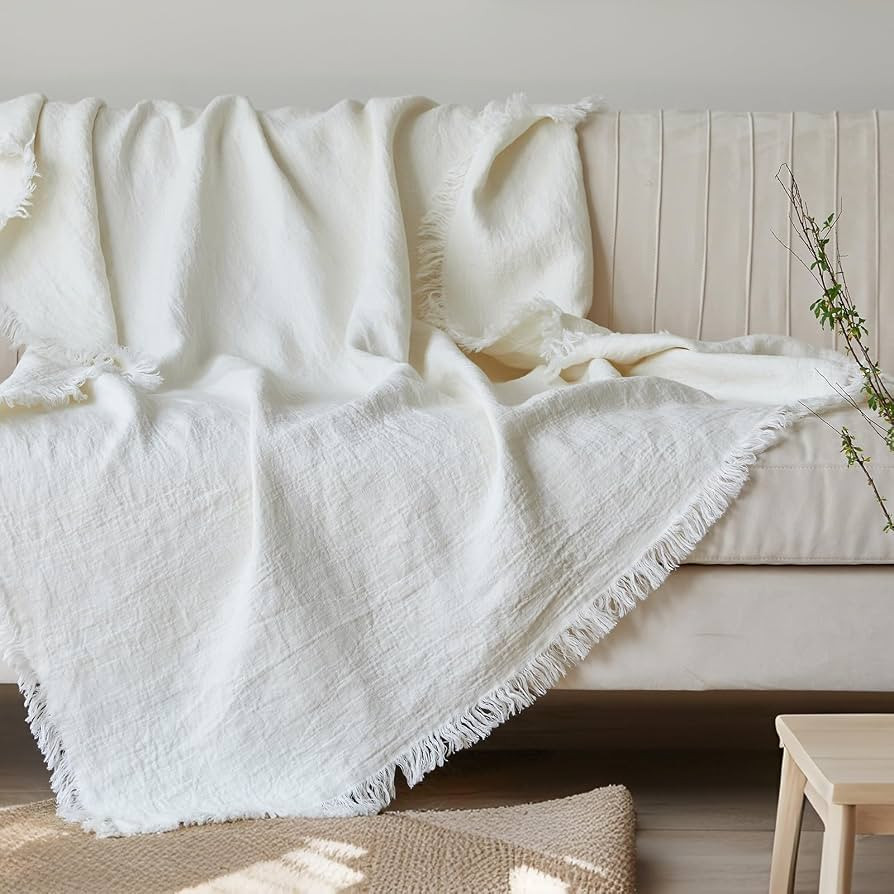 Simple&Opulence 100% Linen Throw Blanket 55x75 inches, Farmhouse Boho Tassel Blanket for Couch, B... | Amazon (US)